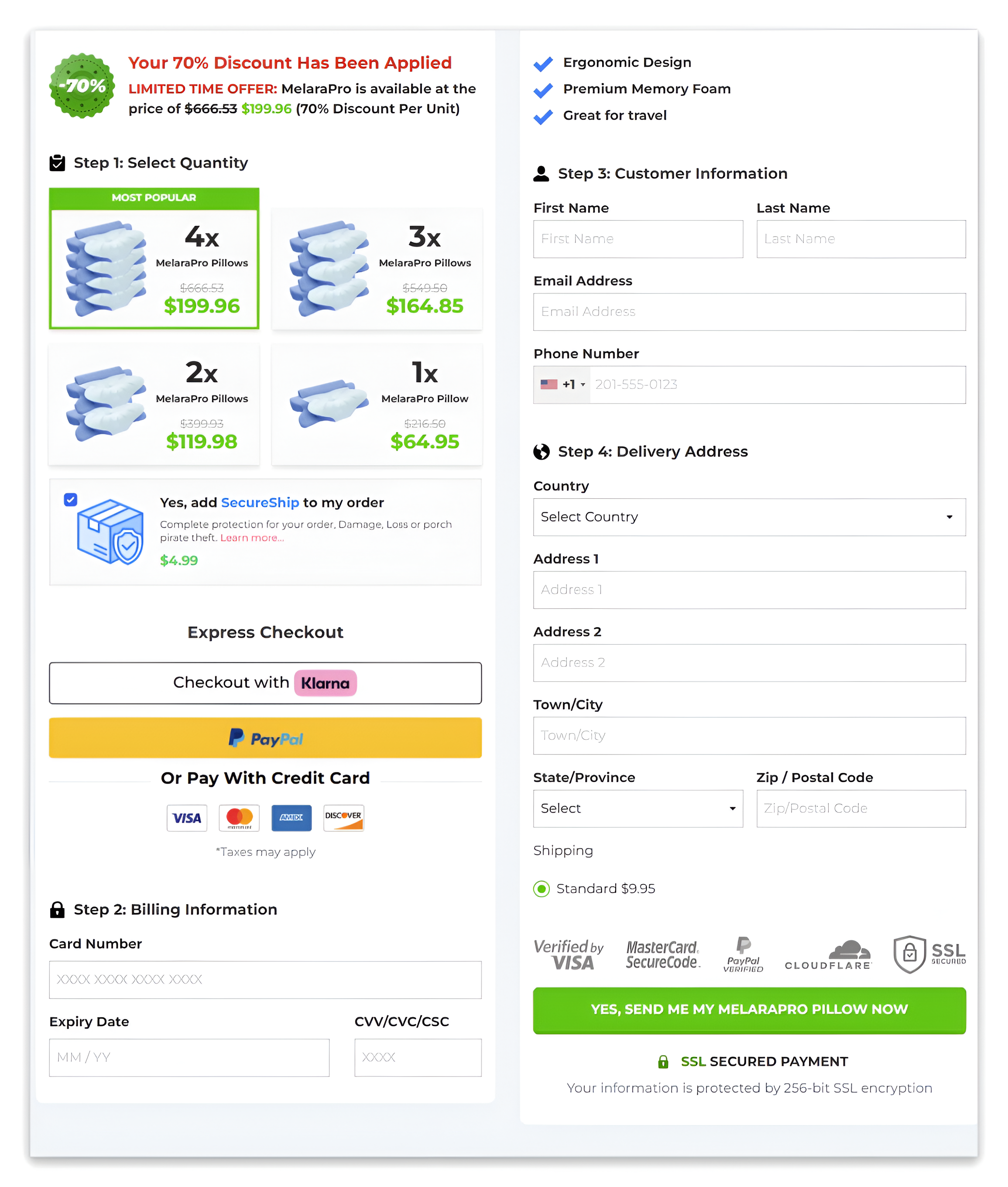 Melara Pro ergonomic pillow checkout page